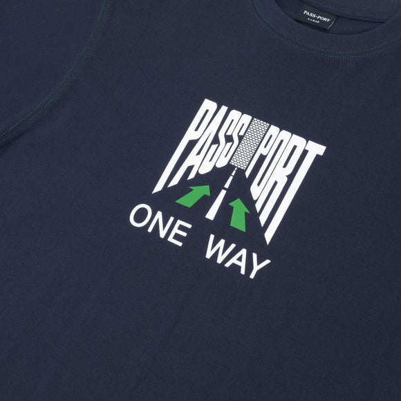 PASS~PORT | ONE WAY S/S TEE. NAVY AVAILABLE ONLINE AND IN STORE AT MOMENTUM SKATESHOP IN COTTESLOE, WESTERN AUSTRALIA. SHOP ONLINE NOW: www.momentumskate.com.au