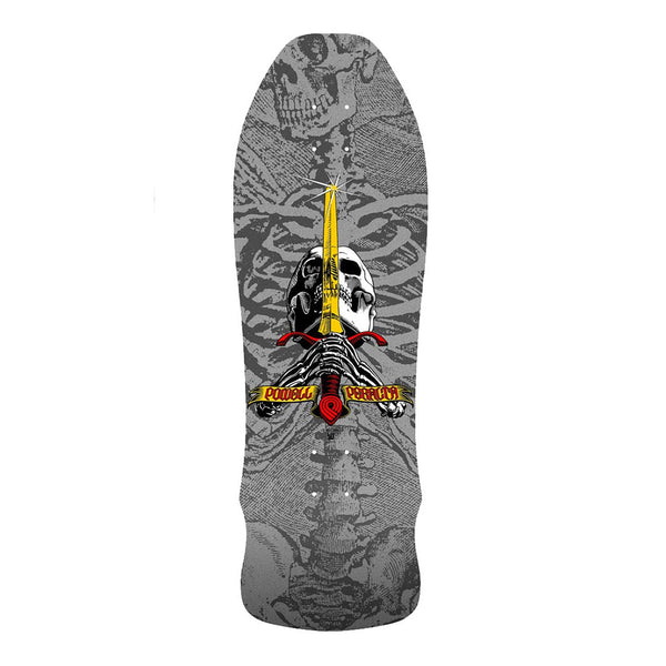 POWELL PERALTA | SKULL & SWORD GEEGAH REISSUE SKATEBOARD DECK. SILVER / 9.75" X 30" AVAILABLE ONLINE AND IN STORE AT MOMENTUM SKATESHOP IN COTTESLOE, WESTERN AUSTRALIA.