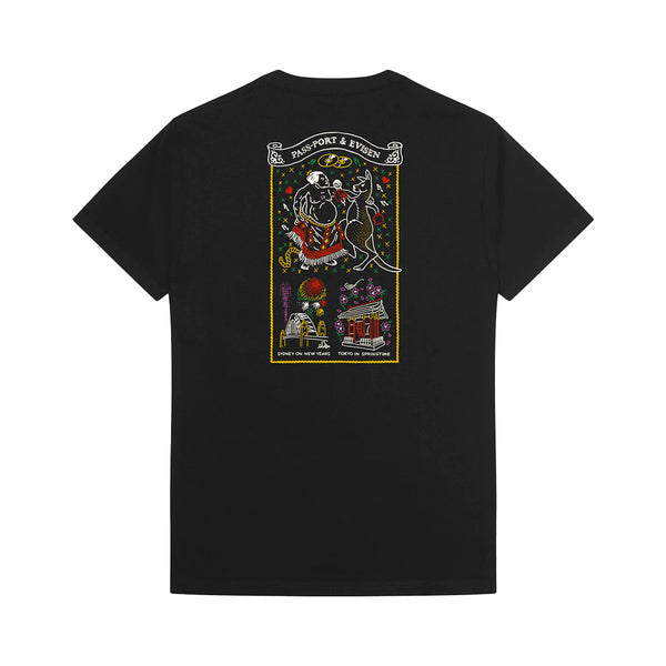 PASS~PORT X EVISEN | KARAOKE SHORT SLEEVE TEE. BLACK AVAILABLE ONLINE AND IN STORE AT MOMENTUM SKATESHOP IN COTTESLOE, WESTERN AUSTRALIA.