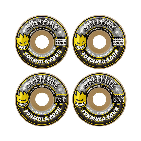 SPITFIRE | FORMULA FOUR CONICAL SKATEBOARD WHEELS. YELLOW / 56MM X 99A AVAILABLE ONLINE AND IN STORE AT MOMENTUM SKATESHOP IN COTTESLOE, WESTERN AUSTRALIA.