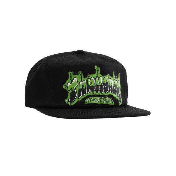 THRASHER | AIRBRUSH 5 PANEL SNAPBACK CAP. BLACK AVAILABLE ONLINE AND IN STORE AT MOMENTUM SKATESHOP IN COTTESLOE, WESTERN AUSTRALIA.