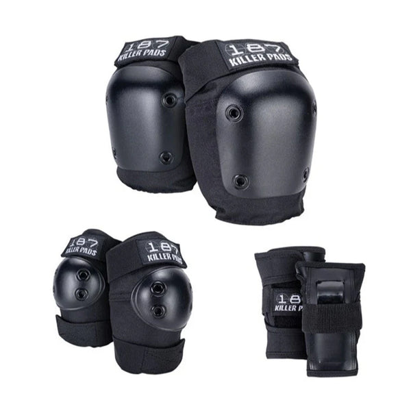 187 Killer Pads | Junior Six Pack: Knee / Elbow / Wrist Protective Pad Set. Black Available Online and in Store at Momentum Skateshop In Cottesloe, Western Australia. Shop Online Now: www.momentumskate.com.au