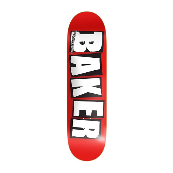 Baker | OG Brand Name Logo Skateboard Deck. White & Black on Red / 8.5" x 32.0" Available Online and in Store at Momentum Skateshop In Cottesloe, Western Australia. Shop Online Now: www.momentumskate.com.au