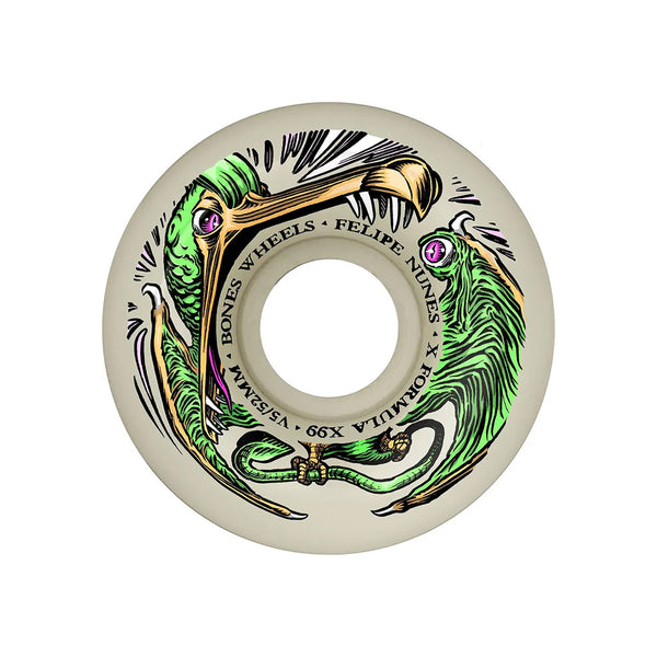 Bones x Felipe Nunes | Dino-Sortas X-Formula V5 Sidecut Skateboard Wheels. 52mm x 99a Available Online and in Store at Momentum Skateshop In Cottesloe, Western Australia. Shop Online Now: www.momentumskate.com.au