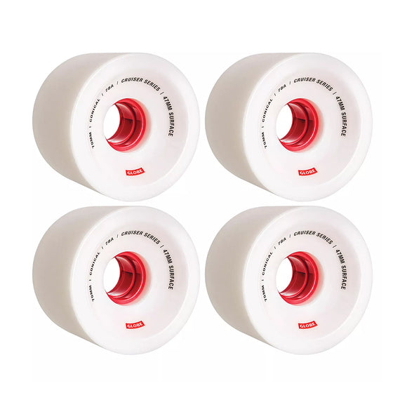 Globe | Conical Cruiser Skateboard Wheels. White-Red / 70mm x 78a Available Online and in Store at Momentum Skateshop In Cottesloe, Western Australia. Shop Online Now: www.momentumskate.com.au