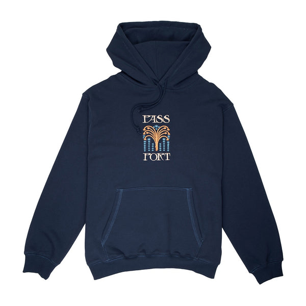 Pass~Port | Roman Candle Embroidered Fleece Hoodie. Navy Available Online and in Store at Momentum Skateshop In Cottesloe, Western Australia. Shop Online Now: www.momentumskate.com.au