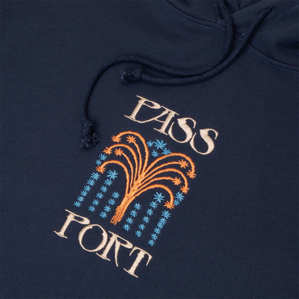 Pass~Port | Roman Candle Embroidered Fleece Hoodie. Navy Available Online and in Store at Momentum Skateshop In Cottesloe, Western Australia. Shop Online Now: www.momentumskate.com.au