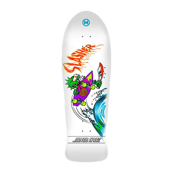 Santa Cruz x Keith Meek | OG Slasher Reissue Skateboard Deck. White /10.1" x 31.13" Available Online and in Store at Momentum Skateshop In Cottesloe, Western Australia. Shop Online Now: www.momentumskate.com.au