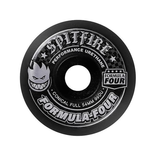 Spitfire | Formula Four F4 Conical Full Skateboard Wheels. Black / 54mm x 99a Available Online and in Store at Momentum Skateshop In Cottesloe, Western Australia. Shop Online Now: www.momentumskate.com.au
