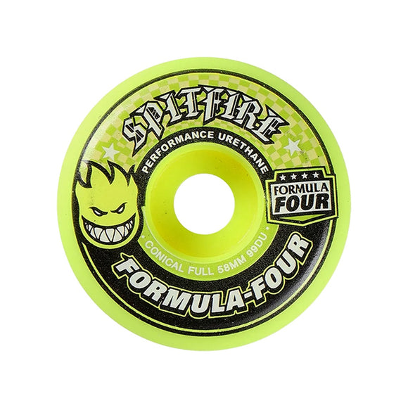 Spitfire | Formula Four F4 Conical Full Skateboard Wheels. Yellow / 58mm x 99a Available Online and in Store at Momentum Skateshop In Cottesloe, Western Australia. Shop Online Now: www.momentumskate.com.au