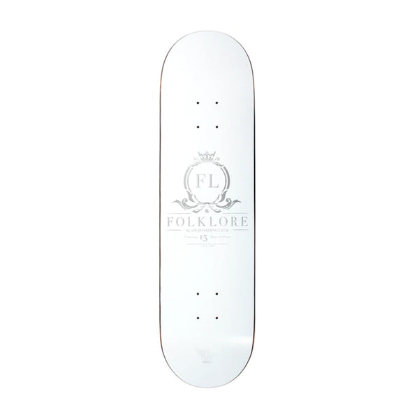 FOLKLORE | FIBRE TECH LITE 15 YEAR CLUB SKATEBOARD DECK. 7.75" X 32.0" WHITE AND SILVER AVAILABLE ONLINE AND IN STORE AT MOMENTUM SKATESHOP IN COTTESLOE, WESTERN AUSTRALIA.