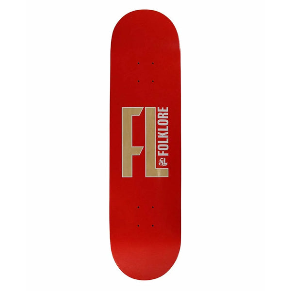 FOLKLORE | WARM PRESS TECH SKATEBOARD DECK. 8.25" X 32.25" AVAILABLE ONLINE AND IN STORE AT MOMENTUM SKATESHOP IN COTTESLOE, WESTERN AUSTRALIA. RED.