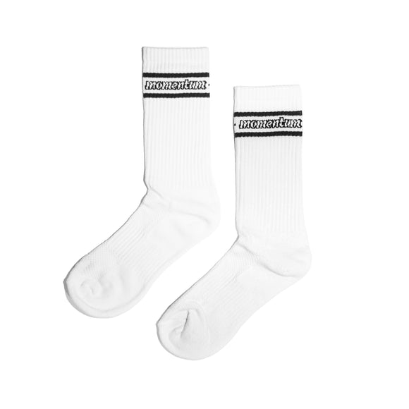 MOMENTUM | ORIGINAL LOGO CREW LENGTH SOCKS 3 PACK. WHITE AVAILABLE ONLINE AND IN STORE AT MOMENTUM SKATESHOP IN COTTESLOE, WESTERN AUSTRALIA.