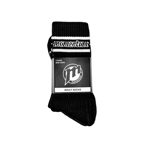 MOMENTUM | ORIGINAL LOGO CREW LENGTH SOCKS 3 PACK. BLACK AVAILABLE ONLINE AND IN STORE AT MOMENTUM SKATESHOP IN COTTESLOE, WESTERN AUSTRALIA.