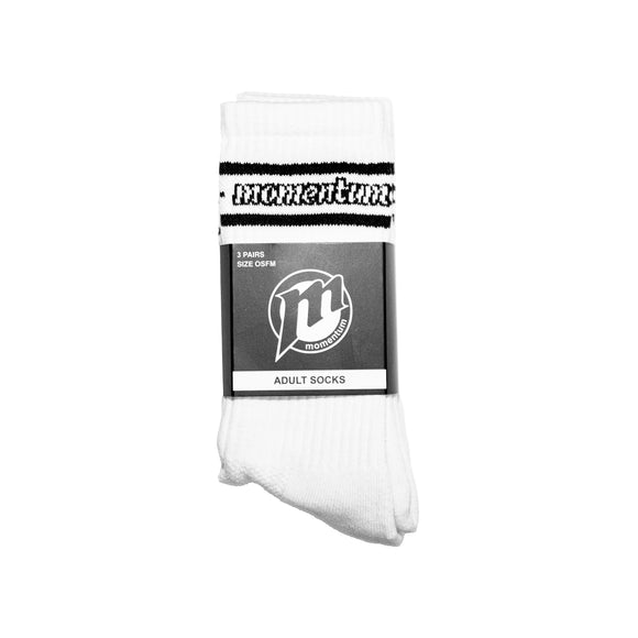 MOMENTUM | ORIGINAL LOGO CREW LENGTH SOCKS 3 PACK. WHITE AVAILABLE ONLINE AND IN STORE AT MOMENTUM SKATESHOP IN COTTESLOE, WESTERN AUSTRALIA.