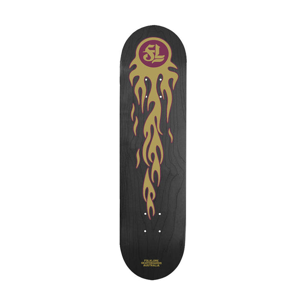 FOLKLORE - WARM PRESS FIREBALL SKATE DECK. 8.75" X 32.5" AVAILABLE ONLINE AND IN STORE AT MOMENTUM SKATESHOP IN COTTESLOE, WESTERN AUSTRALIA.