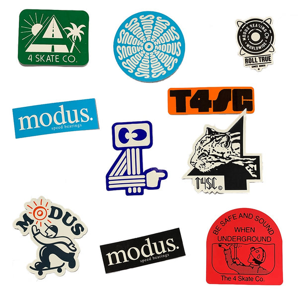 MODUS X THE 4 SKATEBOARD COMPANY | STICKER PACK / 10 ASSORTED AVAILABLE ONLINE AND IN STORE AT MOMENTUM SKATESHOP IN COTTESLOE, WESTERN AUSTRALIA.