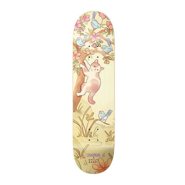 PANDA X EMILY RAMAI | CATS AND BIRDS SKATEBOARD DECK. 8" X 32" AVAILABLE ONLINE AND IN STORE AT MOMENTUM SKATESHOP IN COTTESLOE, WESTERN AUSTRALIA.