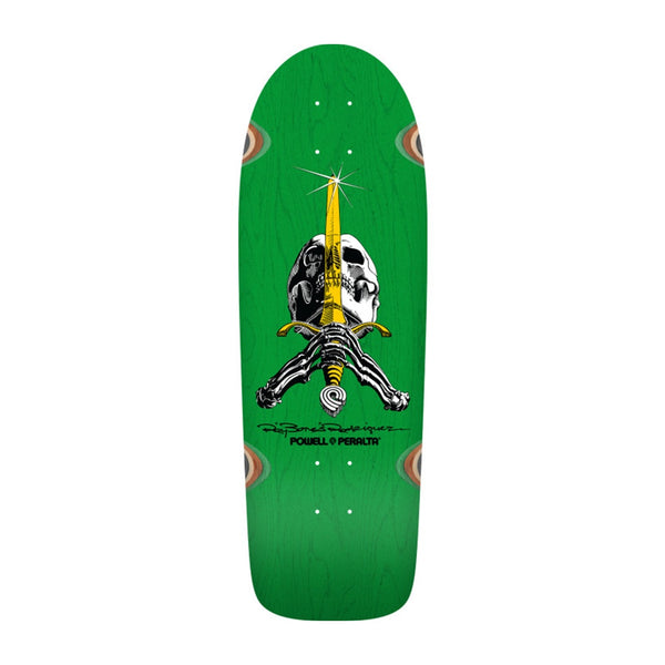 POWELL PERALTA X RAY RODRIGUEZ | OG SKULL AND SWORD REISSUE SKATEBOARD DECK. GREEN STAIN / 10.0" X 30.0" AVAILABLE ONLINE AND IN STORE AT MOMENTUM SKATESHOP IN COTTESLOE, WESTERN AUSTRALIA.