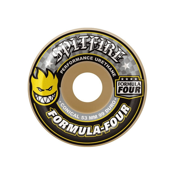 SPITFIRE | FORMULA FOUR CONICAL SKATEBOARD WHEELS. YELLOW / 53MM X 99A AVAILABLE ONLINE AND IN STORE AT MOMENTUM SKATESHOP IN COTTESLOE, WESTERN AUSTRALIA.