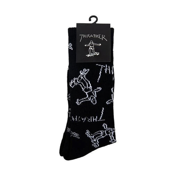 THRASHER X MARK GONZALES | GONZ LOGO CREW SOCKS BLACK AVAILABLE ONLINE AND IN STORE AT MOMENTUM SKATESHOP IN COTTESLOE, WESTERN AUSTRALIA.