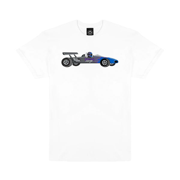 THRASHER | RACECAR SHORT SLEEVE T-SHIRT. WHITE AVAILABLE ONLINE AND IN STORE AT MOMENTUM SKATESHOP IN COTTESLOE, WESTERN AUSTRALIA.