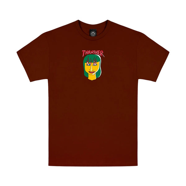 THRASHER | TALK SHIT BY GONZ SHORT SLEEVE T-SHIRT. MAROON AVAILABLE ONLINE AND IN STORE AT MOMENTUM SKATESHOP IN COTTESLOE, WESTERN AUSTRALIA.