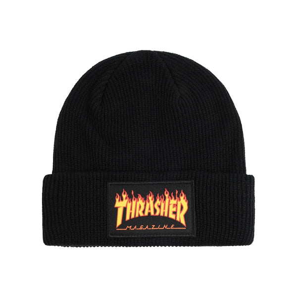 THRASHER | THRASHER MAGAZINE FLAME LOGO PATCH BEANIE. BLACK AVAILABLE ONLINE AND IN STORE AT MOMENTUM SKATESHOP IN COTTESLOE, WESTERN AUSTRALIA.