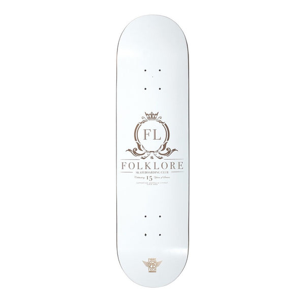 FOLKLORE | FIBRE TECH LITE 15 YEAR CLUB SKATEBOARD DECK. 7.75" X 32.0" WHITE AND GOLD AVAILABLE ONLINE AND IN STORE AT MOMENTUM SKATESHOP IN COTTESLOE, WESTERN AUSTRALIA.