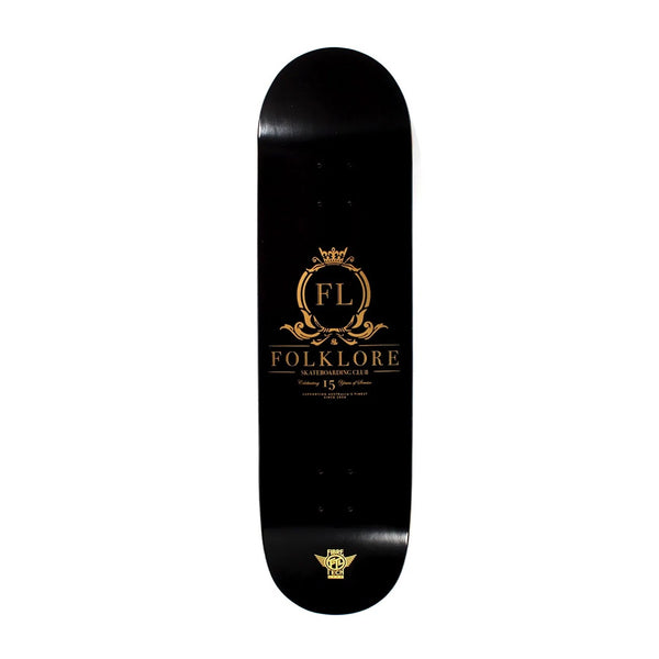 FOLKLORE - FIBRE TECH LITE 15 YEAR CLUB SKATE DECK. 8.0" X 32.0" AVAILABLE ONLINE AND IN STORE AT MOMENTUM SKATESHOP IN COTTESLOE, WESTERN AUSTRALIA. BLACK GOLD.