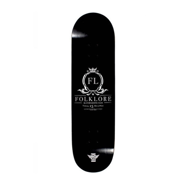 FOLKLORE - FIBRE TECH LITE 15 YEAR CLUB SKATE DECK. 8.0" X 32.0" AVAILABLE ONLINE AND IN STORE AT MOMENTUM SKATESHOP IN COTTESLOE, WESTERN AUSTRALIA. BLACK SILVER.