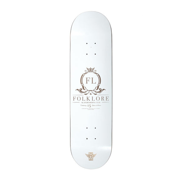 FOLKLORE - FIBRE TECH LITE 15 YEAR CLUB SKATE DECK. 8.0" X 32.0" AVAILABLE ONLINE AND IN STORE AT MOMENTUM SKATESHOP IN COTTESLOE, WESTERN AUSTRALIA. WHITE GOLD.