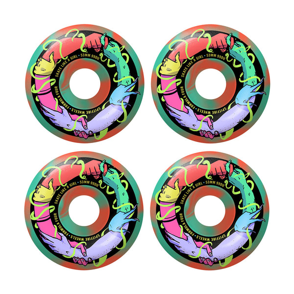 SPITFIRE | FORMULA FOUR FRIENDS OF SKATE LIKE A GIRL CLASSIC SKATEBOARD WHEELS. 53MM X 99A AVAILABLE ONLINE AND IN STORE AT MOMENTUM SKATESHOP IN COTTESLOE, WESTERN AUSTRALIA.